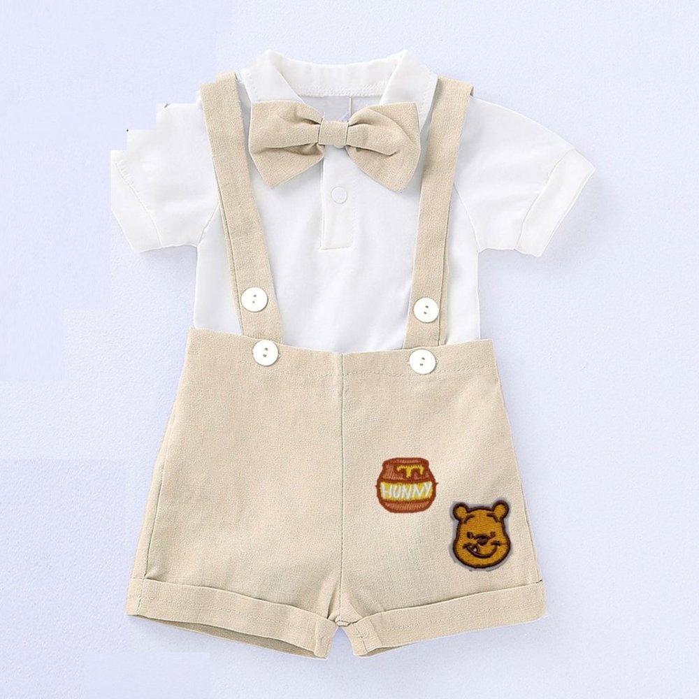 Classic Winnie the Pooh Beige Boy First Birthday Outfit Clothes Suspenders crown - Picture 3 of 10